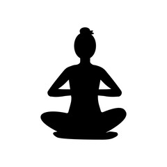 Woman sits in lotus position and namaste, black silhouette on white background. Slim girl practice Asana for meditation and relaxation. Yoga complex. Healthy lifestyle concept. Vector illustration	