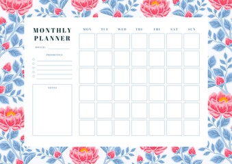Printable vintage floral monthly planner vector template with rose, peony flowers and botanical leaf illustration elements for school scheduler, seasonal events, reminder, bullet journal