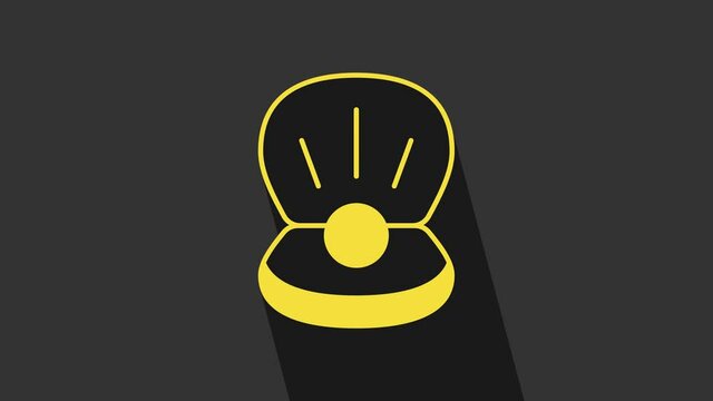 Yellow Natural open shell with pearl icon isolated on grey background. Scallop sea shell. Seashell sign. 4K Video motion graphic animation