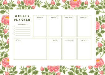 Printable vintage floral weekly planner vector template with rose, peony flowers and botanical leaf illustration elements for school scheduler, seasonal events, reminder, bullet journal
