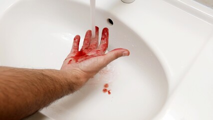 Hand with blood clean under running tap in a sink. Bloody hand in the bathroom sink. © Sandro Amato
