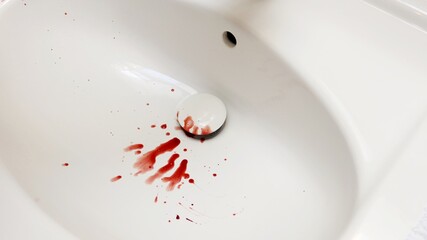 Drops of blood in the bathroom sink.