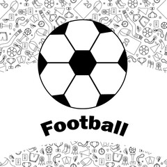 Greeting card or invitation with soccer ball. Background from doodle in the background. Text. Flat illustration.