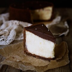 Slice of cheesecake with chocolate on plate, still life with a rustic brown background. Close up, copy space.