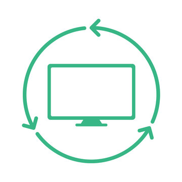Recycling TV or computer sign. PC monitor inside circle arrows. Electronic waste management. Personal computer buyback icon. Reusable materials. Sustainable technology. Vector illustration, clip art.