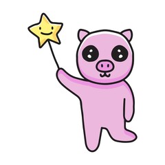funny pig cartoon holding stars balloon. illustration for t shirt, poster, logo, sticker, or apparel merchandise.