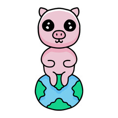 cute pig cartoon sitting on planet earth. illustration for t shirt, poster, logo, sticker, or apparel merchandise.