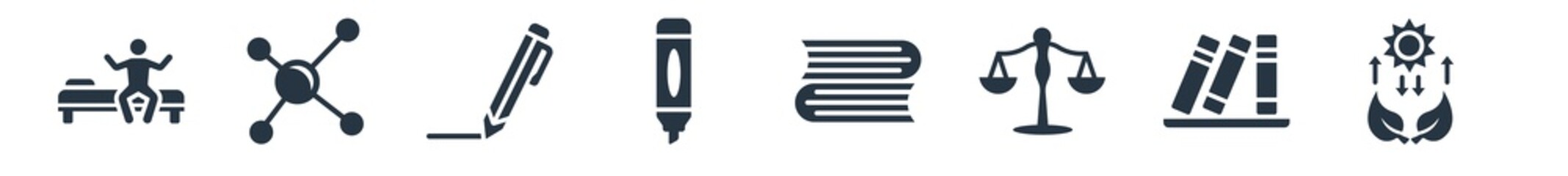 education filled icons. glyph vector icons such as photosynthesis, three books, law, books, crayon, pen, atom sign isolated on white background.