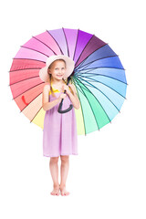 Vertical full length studio portrait of cute Caucasian girl wearing summer dress and hat holding colorful umbrella posing on camera, white background