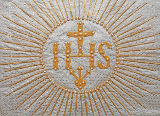 BRATISLAVA, SLOVAKIA - OCTOBER 11, 2014: The detail of vestment with the IHS initials of Jesus in St. Elizabeth church from 19. cent..