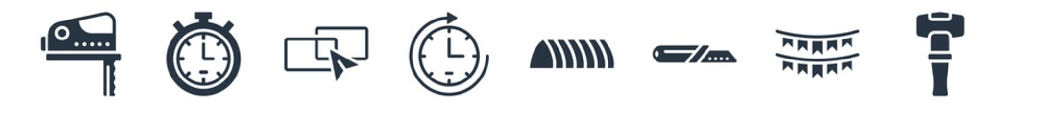 general filled icons. glyph vector icons such as sledgehammer, party decoration, stationery knife, traffic barriers, rewind time, live paint, analog stopwatch sign isolated on white background.