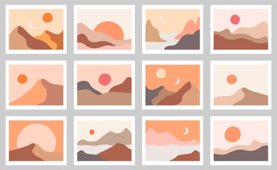 Abstract boho landscapes collection. 12 vector illustrations, contemporary landscape posters. Mountains, sun, moon, sunset, desert, hills minimalist design.