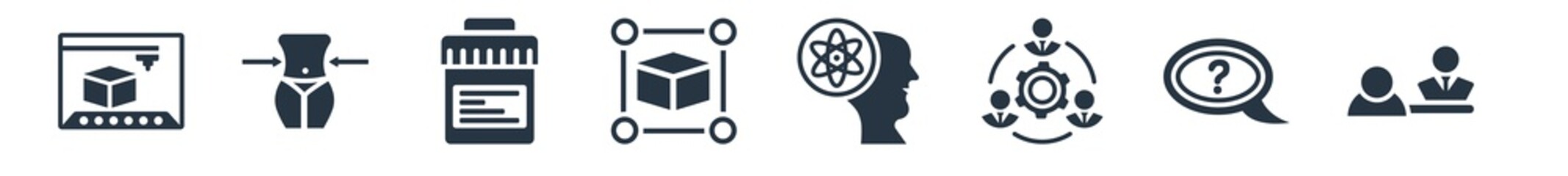 general filled icons. glyph vector icons such as job interview, quiz, project team, realization, model preparation, urine test, weight loss sign isolated on white background.