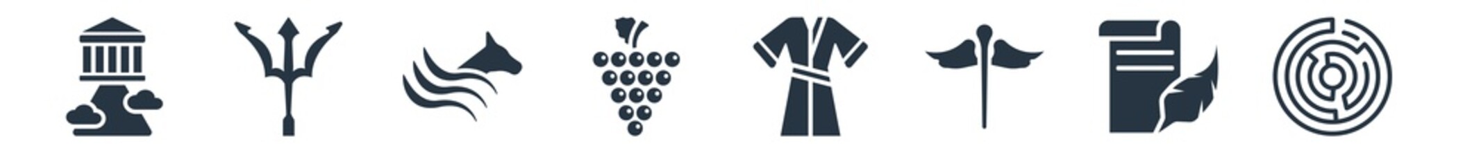 greece filled icons. glyph vector icons such as labyrinth, letter quill, caduceus, robe, grapes bunch, pegasus, poseidon sign isolated on white background.