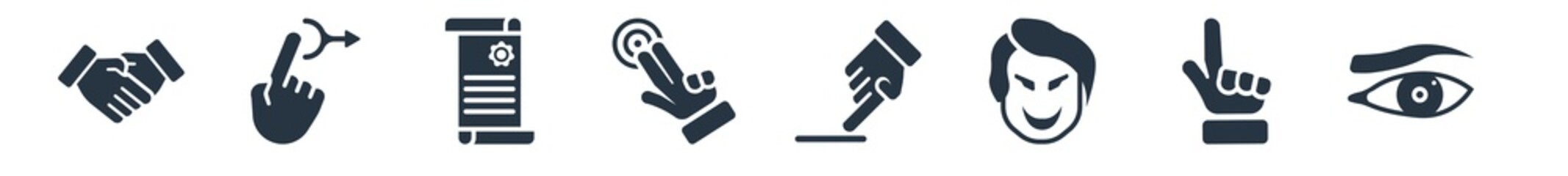 gestures filled icons. glyph vector icons such as eyelid, deaf, joker face, smudge, gestures, decree, drag right sign isolated on white background.