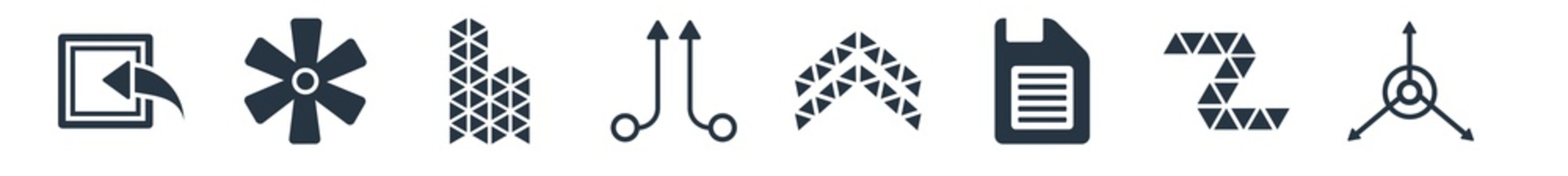 geometry filled icons. glyph vector icons such as axis, polygonal letter z of small triangles, save, polygonal ascendant, parallel, polygonal buildings of small triangles, asterisk sign isolated on