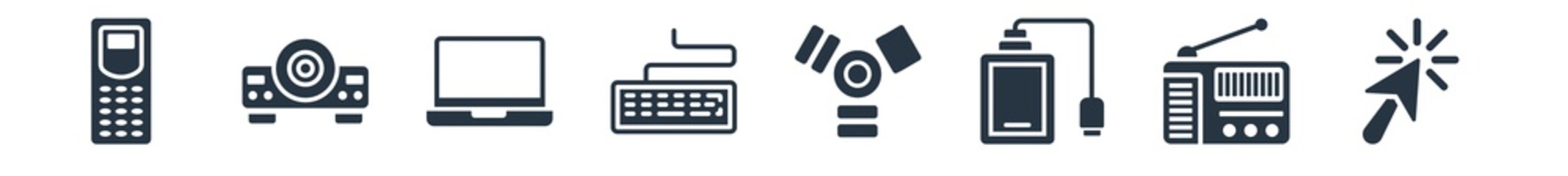 hardware filled icons. glyph vector icons such as mouse pointer, fm radio, external hard drive, firewire, keyboard wire, laptop screen, video projector sign isolated on white background.