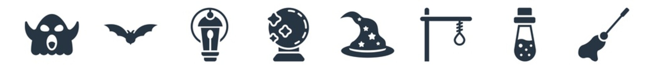 halloween filled icons. glyph vector icons such as magic broom, flask bottle, gallows, magician hat, future, lanterns, bats sign isolated on white background.