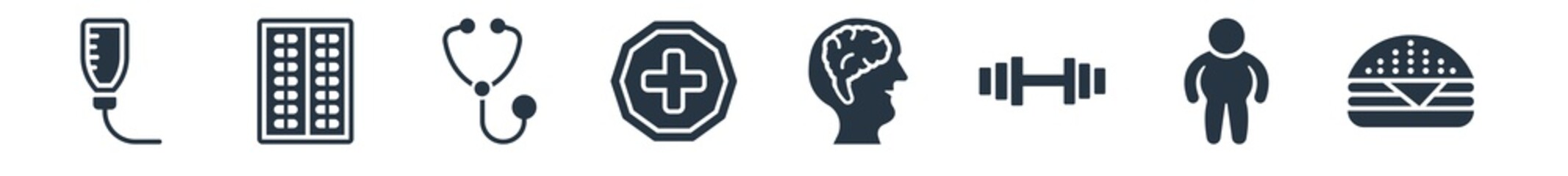 health filled icons. glyph vector icons such as fast food, fat, dumbbells, neurology, medical, phonendoscope, medical strip sign isolated on white background.