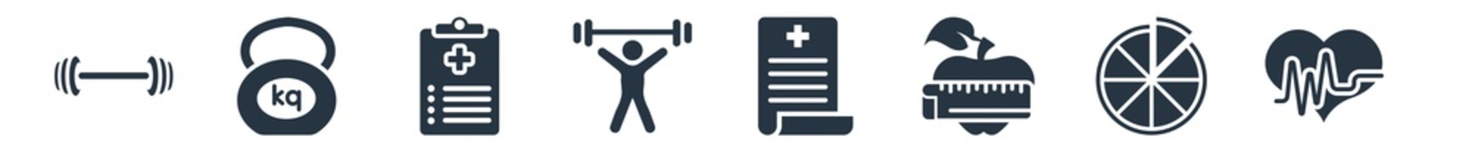 health and medical filled icons. glyph vector icons such as cardiology, pizza, nutrition, medical result, weightlifting, medical checklist, kettlebell sign isolated on white background.
