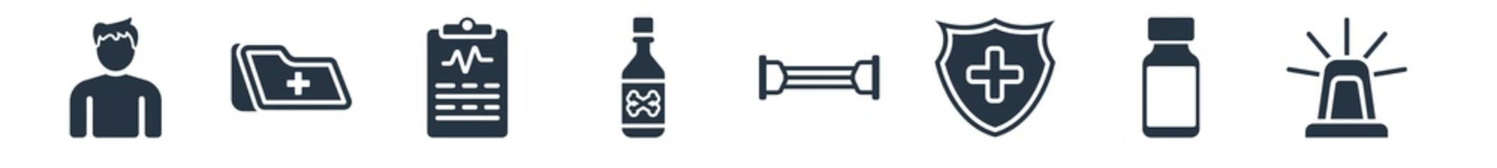 health and medical filled icons. glyph vector icons such as emergency, syrup, medical shield, chest expander, poisonous, medical report, records sign isolated on white background.