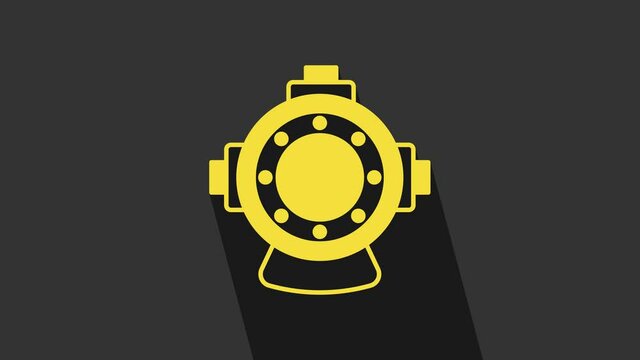 Yellow Aqualung icon isolated on grey background. Diving helmet. Diving underwater equipment. 4K Video motion graphic animation