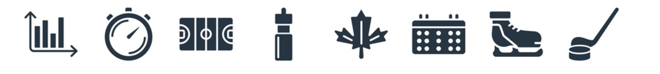 Fototapeta premium hockey filled icons. glyph vector icons such as hockey stick, ice skate, schedule, maple leaf, drink, hockey pitch, timer sign isolated on white background.