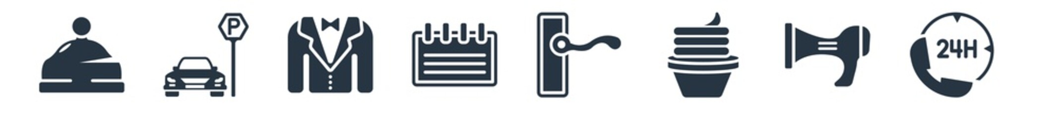 hotel filled icons. glyph vector icons such as 24 service, hairdryer, frozen yogurt, doorknob, agenda, suits, parking sign isolated on white background.