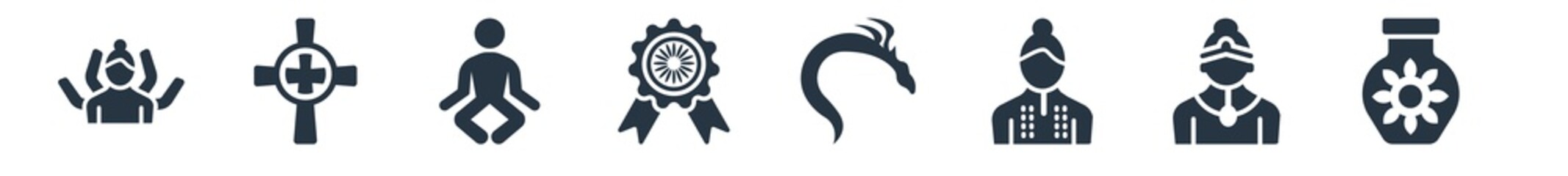 india filled icons. glyph vector icons such as indian vase, chandra, india mother, kali, india badge, guru, gnostic sign isolated on white background.