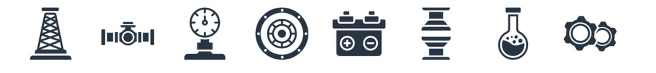 industry filled icons. glyph vector icons such as gears, chemicals, press, industrial battery, industrial tread, temperature, petrol pipe sign isolated on white background.