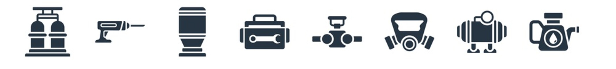 industry filled icons. glyph vector icons such as oiler, compressor, safety mask, valve, tool box, tanks, drill sign isolated on white background.