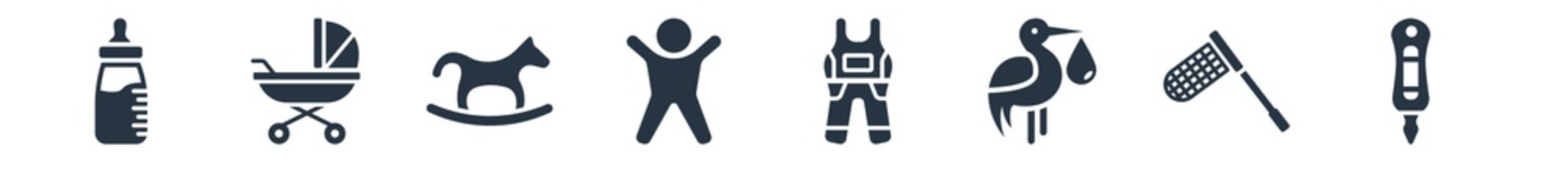 kid and baby filled icons. glyph vector icons such as pregnancy test, butterfly net, stork, overall, happy children, toy, baby carriage sign isolated on white background.