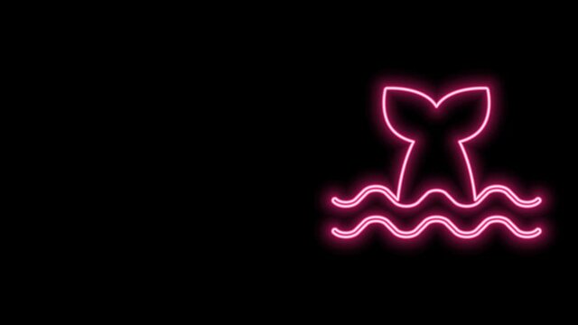 Glowing neon line Whale tail in ocean wave icon isolated on black background. 4K Video motion graphic animation