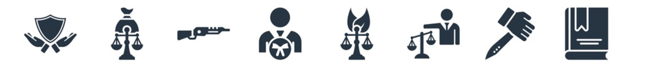 law and justice filled icons. glyph vector icons such as law book, murder, advocate, environmental law, attorney, shotgun, inheritance sign isolated on white background.