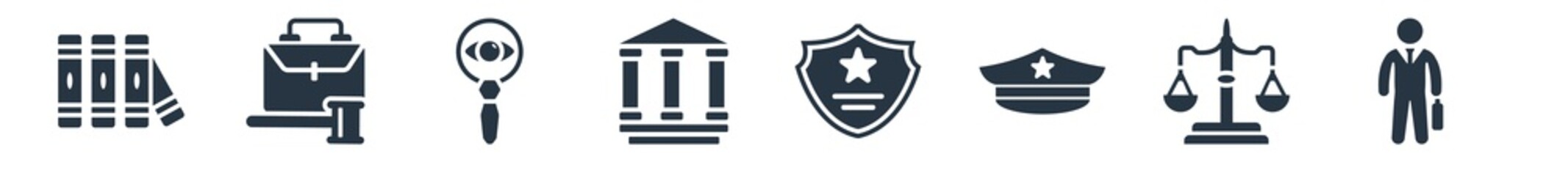 law and justice filled icons. glyph vector icons such as employment, justice scale, police cap, police badge, law and justice, investigation, employment law sign isolated on white background.