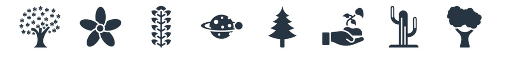 nature filled icons. glyph vector icons such as paper birch tree, pitch pine tree, grows, spruce tree, planet with satellite, american mountain ash, jonquil sign isolated on white background.