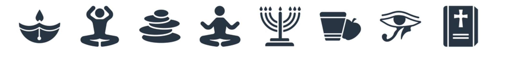 religion filled icons. glyph vector icons such as gospel, eye of ra, diet, menorah, lotus position, zen, spiritual sign isolated on white background.