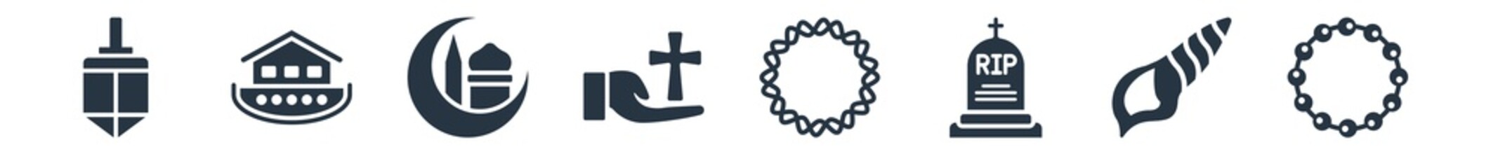 religion filled icons. glyph vector icons such as bead, conch shell, tombstone, crown of thorns, christianity, islamic, noah ark sign isolated on white background.