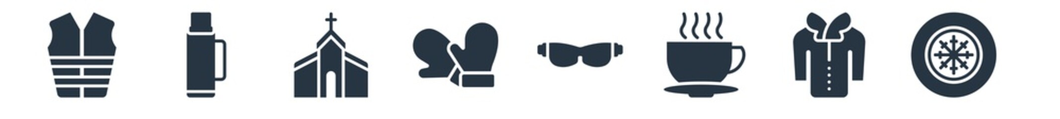 winter filled icons. glyph vector icons such as winter tire, coat, hot drink, safety glasses, mittens, chapel, themos flask sign isolated on white background.