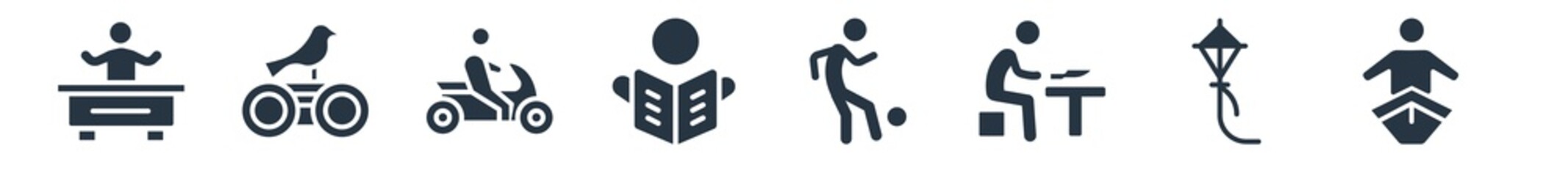 activity and hobbies filled icons. glyph vector icons such as boat race, flying a kite, knife making, freestyle, read, motorcycle riding, bird watching sign isolated on white background.