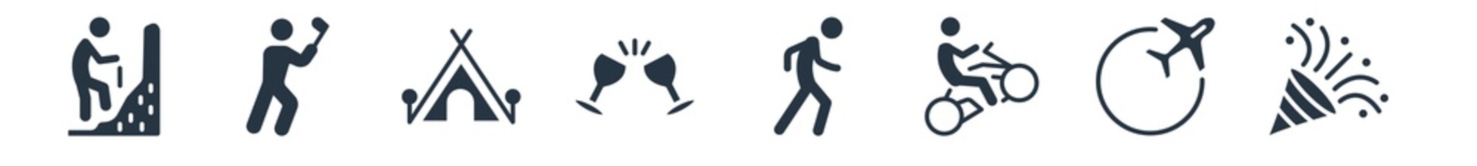 activities filled icons. glyph vector icons such as party, travelling, bmx, walking, hang out, camp, golf playing sign isolated on white background.