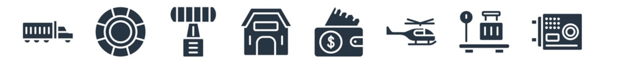 airport terminal filled icons. glyph vector icons such as big safe box, baggage scale, helicopter flying, purse with bill, hangar, airport radar, lifeboat sign isolated on white background.