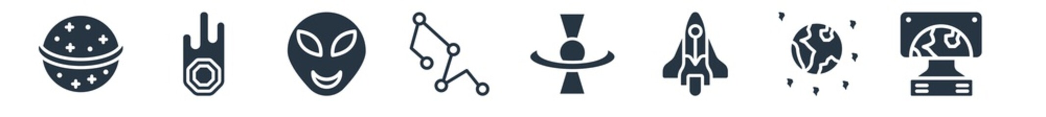 astronomy filled icons. glyph vector icons such as simulator, space junk, space ship, quasar, constellation, alien, meteorites sign isolated on white background.