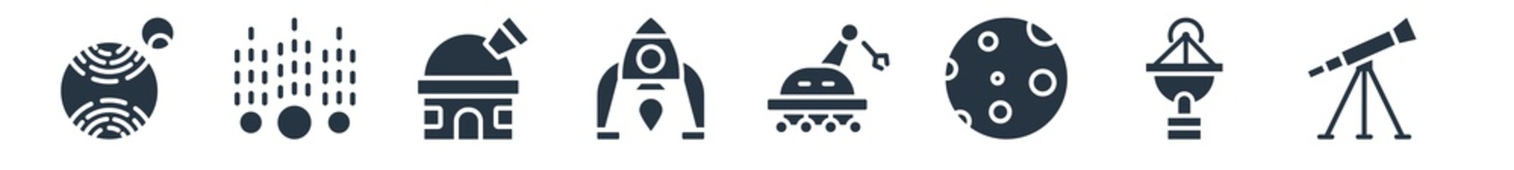 astronomy filled icons. glyph vector icons such as telescope pointing up, radar pointing up, big moon, space robot, lander, observatory, meteor shower sign isolated on white background.