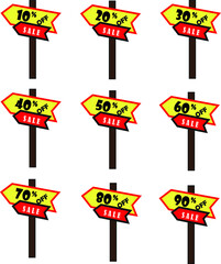 set of 10, 20, 30, 40, 50, 60, 70, 80 and 90% discount cards. Discount arrow boards in yellow, black and red.