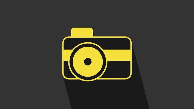 Yellow Photo camera for diver icon isolated on grey background. Foto camera icon. Diving underwater equipment. 4K Video motion graphic animation