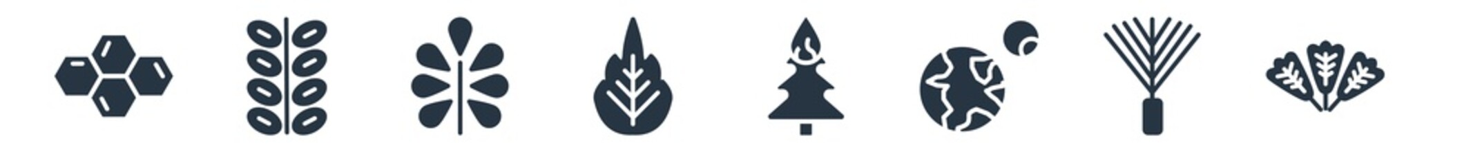 nature filled icons. glyph vector icons such as obcordate, pine needle, planet with satellite, pine tree on fire, magnolia leaf, pecan leaf, briar leaf sign isolated on white background.