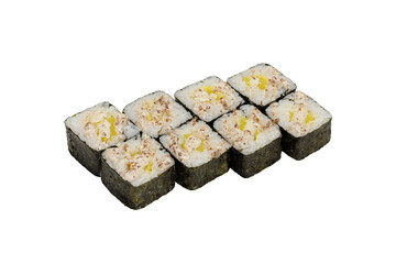 Japanese cuisine, sushi rolls with pineapple on a white background isolated, close-up, studio shot.