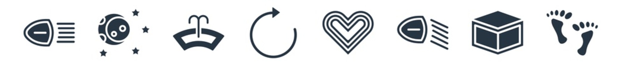 shapes filled icons. glyph vector icons such as human foot prints, blank cube, low beam, black heart, rotate circle, windshield washer, moon and stars sign isolated on white background.
