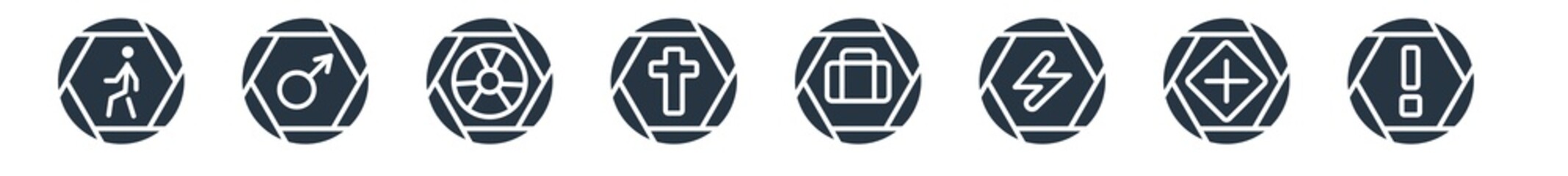 signs filled icons. glyph vector icons such as exclamation mark, addition thick, electric current, suitcase, gross dark cross, radioactive, male sign isolated on white background.